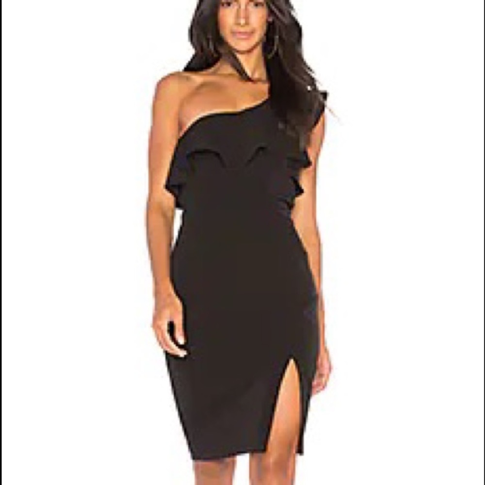 Bardot Midi Dress Bodycon Black One Shoulder Ruffle Size 8 - Worn Once
